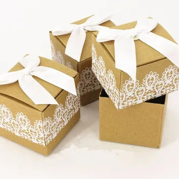 

Sweet lovely Decoration Candy box paper boxes Gift box Rustic & Lace Kraft Favor Box With Ribbon Wedding and Party 50pcs