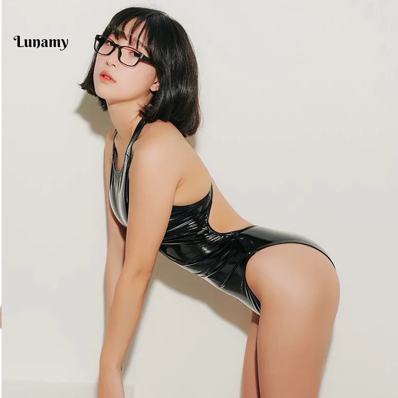 Preise Lunamy 2019 Sexy Trikots PU Schwarz Glänzend Körper Anzug Hohe Schnitt One Piece Bademode Frauen Body Shiny Badeanzüge Badeanzug