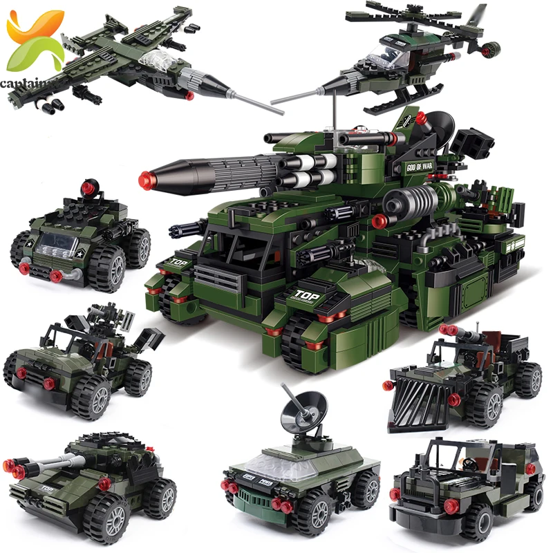 

967PCS 8 in 1 Military Vehicles Truck Army Battle War Tank Model Juguetes Brinquedo Building Blocks Soldier Children Toys