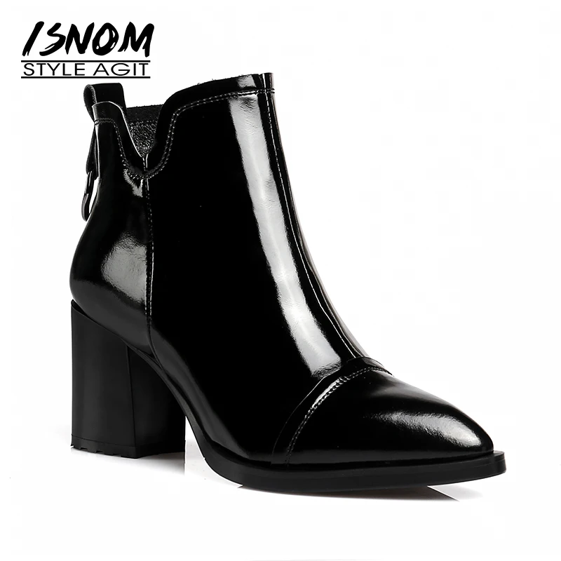 

ISNOM Plus Size 42 Thick High Heels Women Ankle Boots Zip Pointed Toe Short Plush Footwear Leather Female Boot Shoes Women 2018