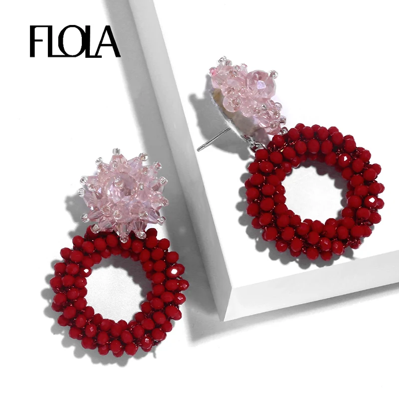 

FLOLA Red Crystal Bead Earrings for Woman Beaded Crystal Of Flower Long Drop Earring oorhangers kristal Lott Earrings ersq58