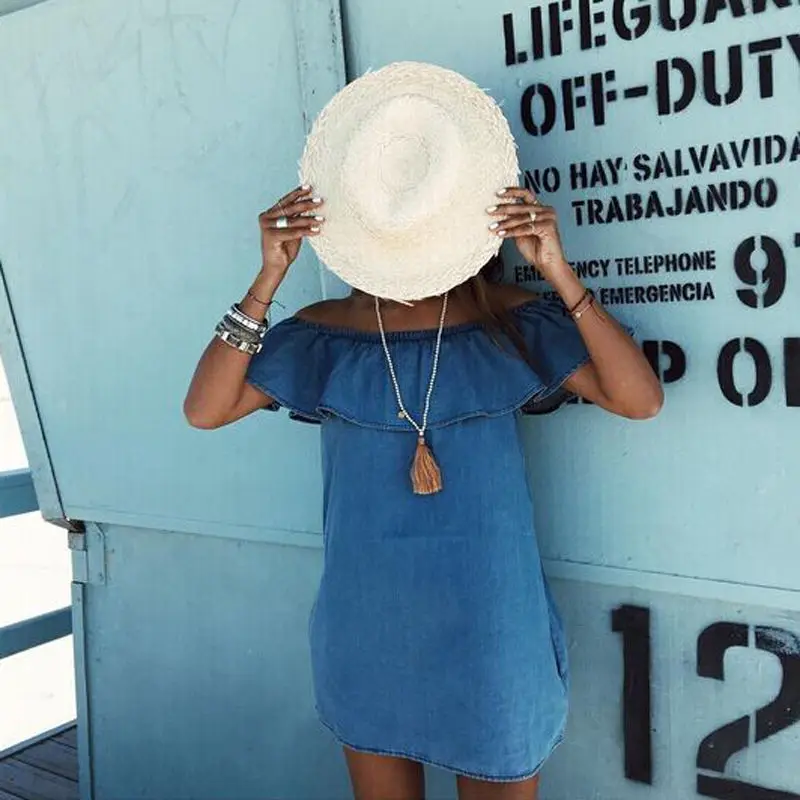 Casual Beach Sun Dresses Jeans Mini Dress New Summer Womens Slash Neck Dress Off Should Ruffles Dress Strapless