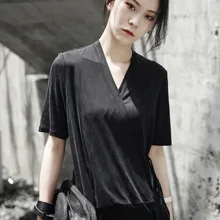 Cakucool Новые однотонные черные летняя футболка v-образным вырезом короткий рукав шелк футболки кимоно Стиль купро элегантные пояса футболки Femme