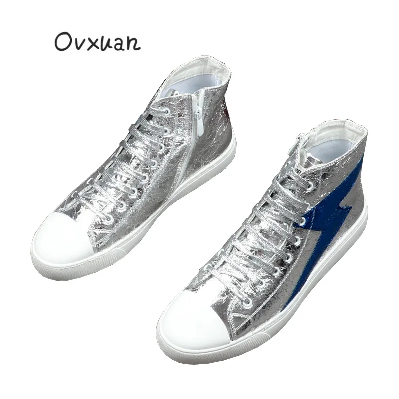Ovxuan Glitter Silver Patent Leather High Ankle Shoes Men Lace Up