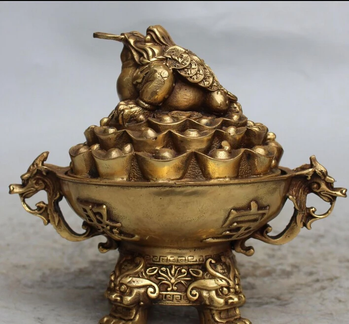

huij 006531 8" Marked Chinese Bronze Wealth Money Jin Chan Dragon Head Incense Burner Censer