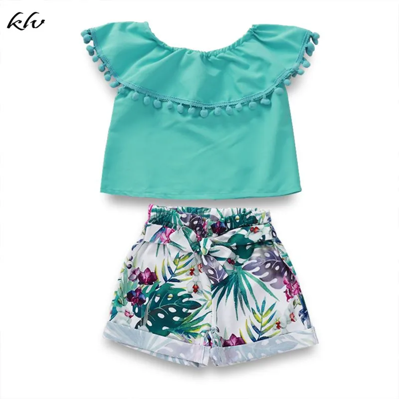

2PCS Summer Toddler Baby Girls Off Shoulder Green Collar Tops+Shorts Floral Pants Outfits Cute Clothes
