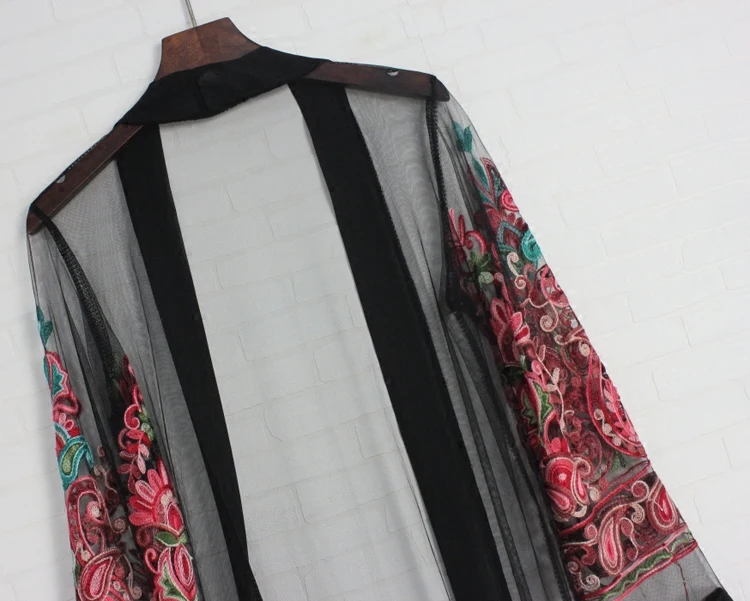 JOYINPARTY Spring Casual Transparent Fringed Paisley Embroidered Kimono Mesh For Women Long Sleeve Extended Vacation Blouse