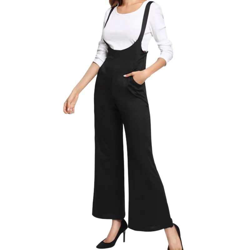 Модные новые длинные широкие брюки для женщин черный комбинезон Винтаж комбинезон с завышенной талией Ropmer тонкий женский