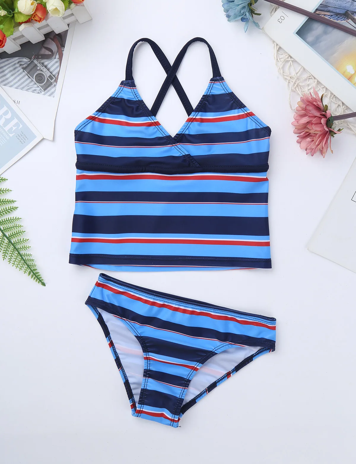 TiaoBug Kids Teens Tankini Spaghetti Straps Striped Swimsuit Swimwear Tops Bottoms Bikini Set Children Girls Beach Bathing Suits