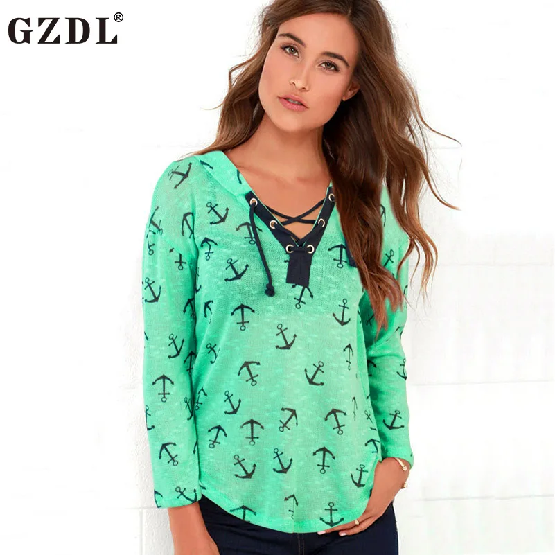 GZDL Mint Green Women's Hoodie Shirts Nine Quarter Sleeve Geometric