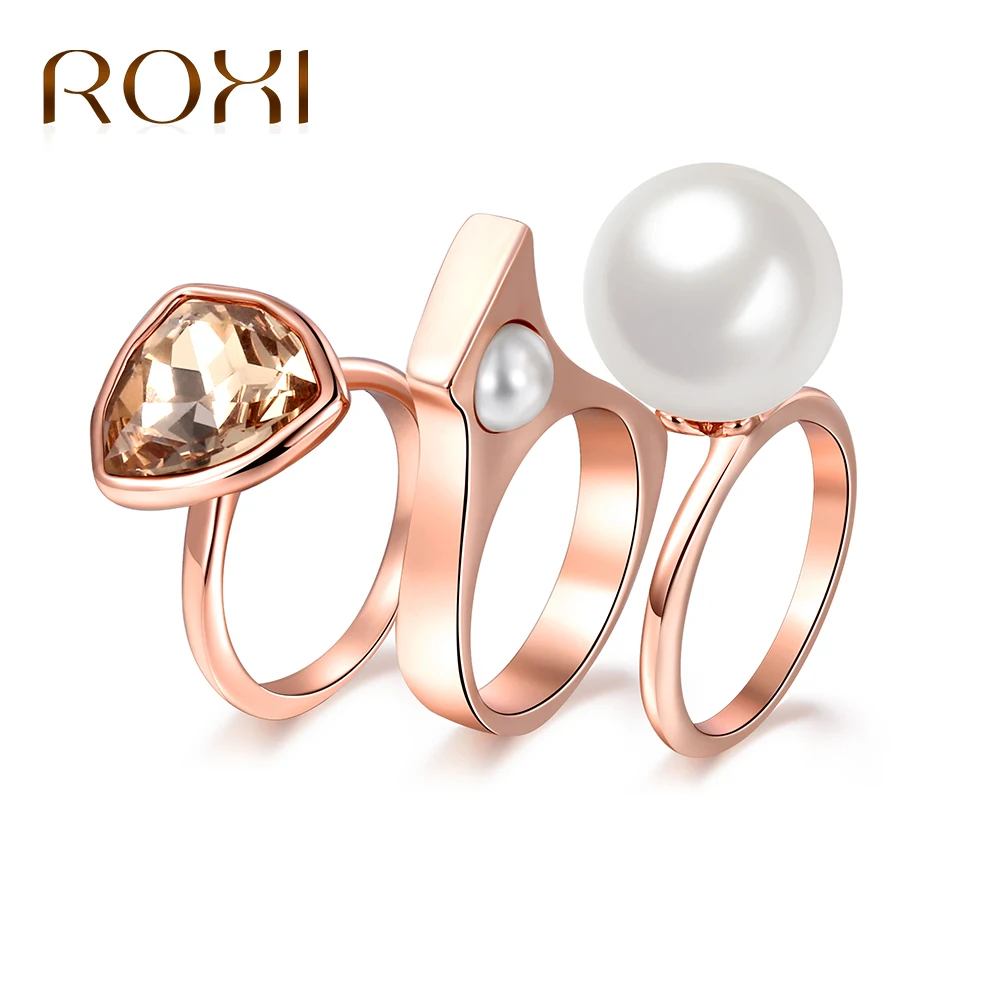 

ROXI 3pcs/set Trendy Anillos Rose Gold Color Rings Sets for Women Geometric Champagne Stone Imitation pearls Ring Party Jewelry