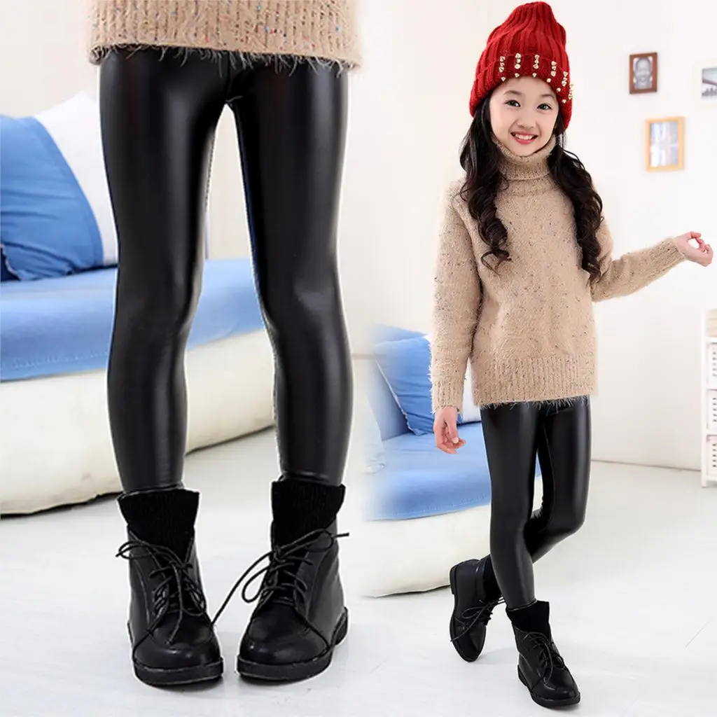 Baby Kids Meisjes Leuke Zwart Elastische Faux Leather Skinny Leggings