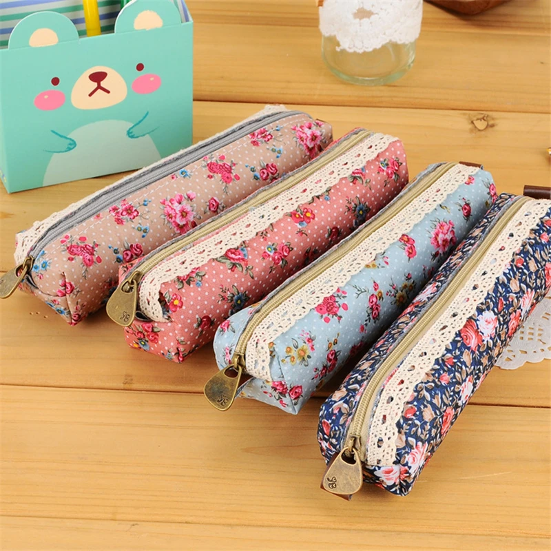 Fashion Mini Retro Flower Floral Lace Pencil Shape Pen Bag Make Up Bag Zipper Pouch Purse 1 Pcs Pencil Cases Pen Storage Bag