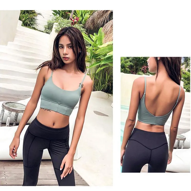 Cena Jesień nowy cienki pasek sportowy biustonosz Sexy Low Cut, odporna na wstrząsy do biegania damskie biustonosze Scoop powrót przy użyciu sznurów haczykowych treningu Yoag sportowe topy biustonoszowe