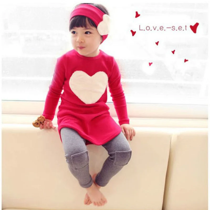 

New girls autumn clothes sets love heart kids T-shirt dress+Leggings+hand bind children clothing sport set