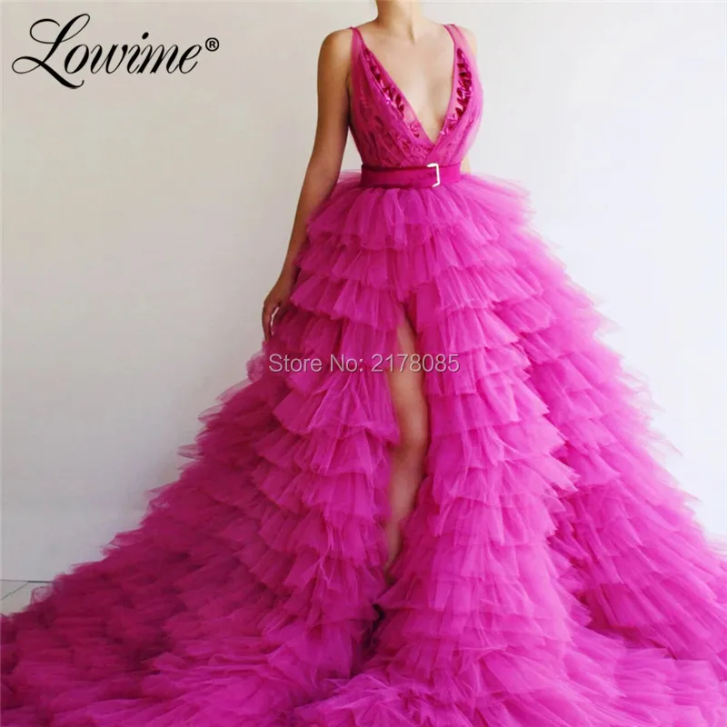 

V Neck Long Prom Dresses Deep Pink Applique Evening Gown A Line Tiered Cloud Party Dress 2019 Custom Made Robe De Soiree