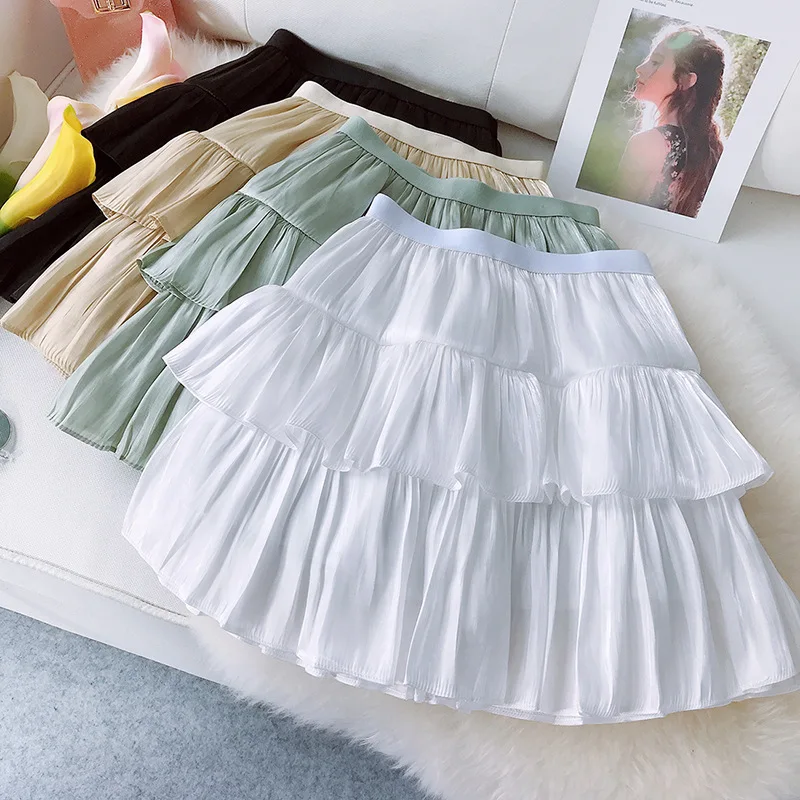 

Summer Women High Waist Slimming Short Skirt Multi-layer Satin Pleated Mini Cake Skirts A line Ruffle Sexy Girl Skirt 2019 New