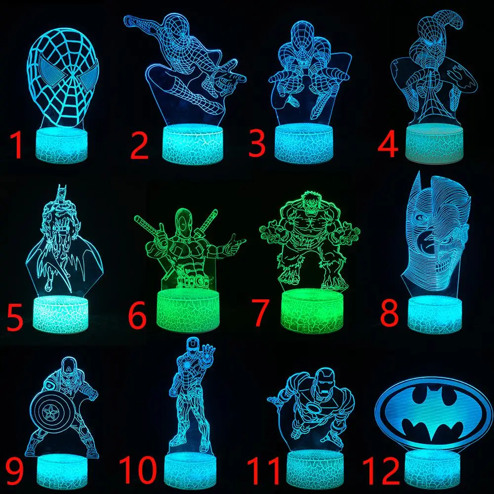 Marvel Figure Toy 3D Lamp LED Night Light Spiderman Batman Deadpool Hulk Ironman RGB USB Multicolor Luminaria Kid Christmas Gift