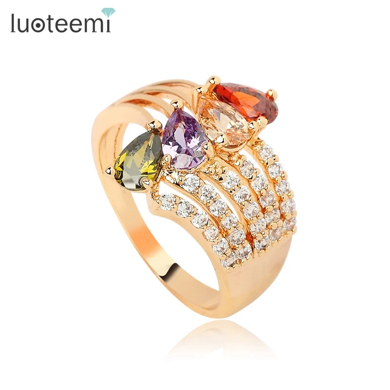 

LUOTEEMI Wholesale Jewelry Champagne Gold-Color Luxury Fashion Leaf Shape Multi Cubic Zircon Women Rings for Wedding Party