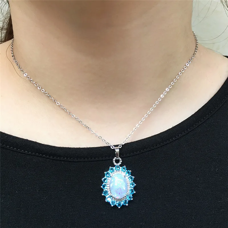 

BOAKO Blue/White /Green Zircon Fire Opal Pendant Oval Necklace For Women Girls Fashion clavicle chain necklace Jewelry Z3