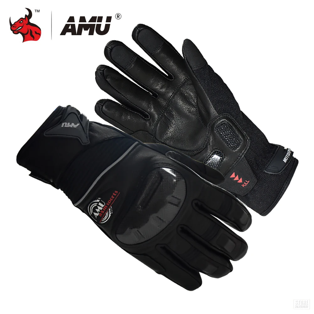 AMU Motorcycle Gloves Genuine Cow Leather Moto Gloves Touch Screen Waterproof Motocross Gloves Motorbike Riding Gloves