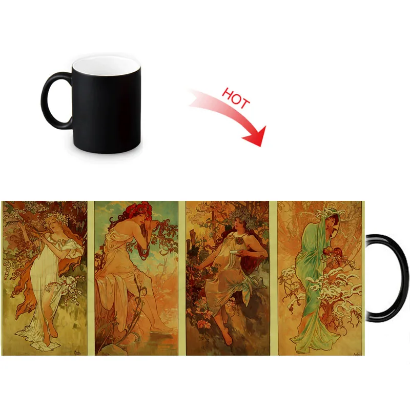 12 унций Alphonse Mucha Work Heat Reveal волшебная кружка изменение цвета кофе молочный чай