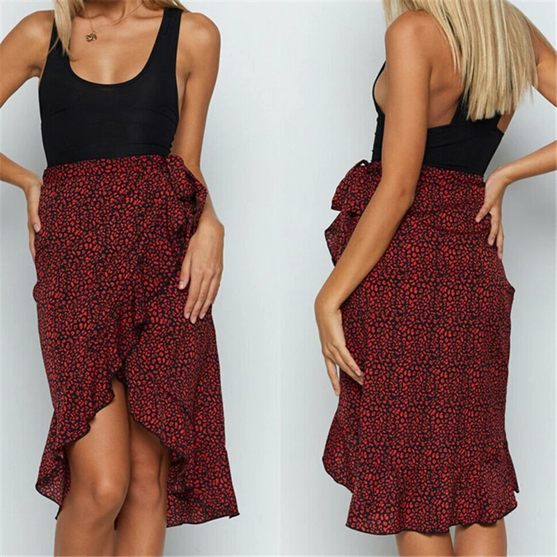 Women Skirt 2019 Elegant Women Party Skirt Summer Ruffle High Waist Skirts Printing Office Lady Skirt Womens Clothing Streetwear