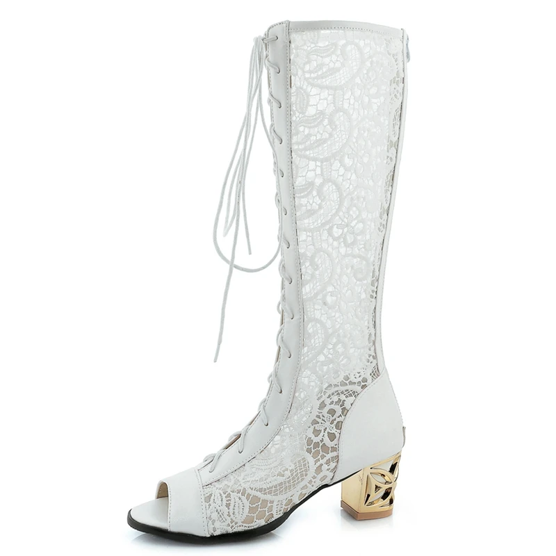 ORCHA LISA/женские летние сапоги женские сапоги до колена пикантная обувь на квадратном каблуке, с открытым носком, черного цвета, с кружевом, с вырезами, с цветочным узором, большой размер A697c - Цвет: White lace up