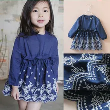 Denim весна дети девочки милый вышитый ажурный цветок гриб рубашки Блузка с длинными рукавами платье Детские платья топы для девочек