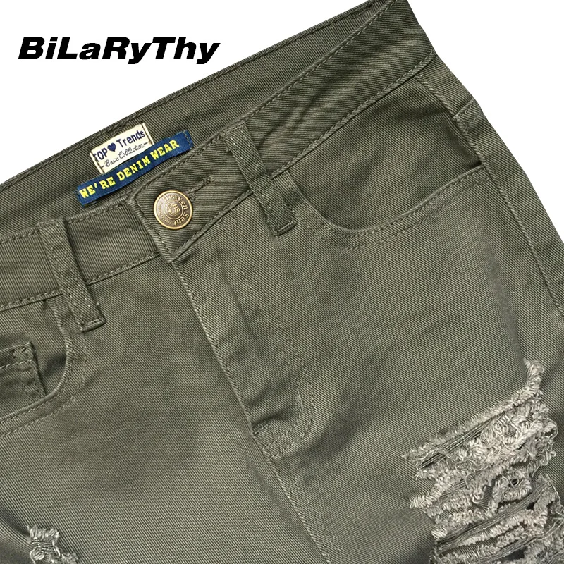 Bilarythy модные женские туфли Армейский зеленый Джинсы для женщин уничтожены рваные