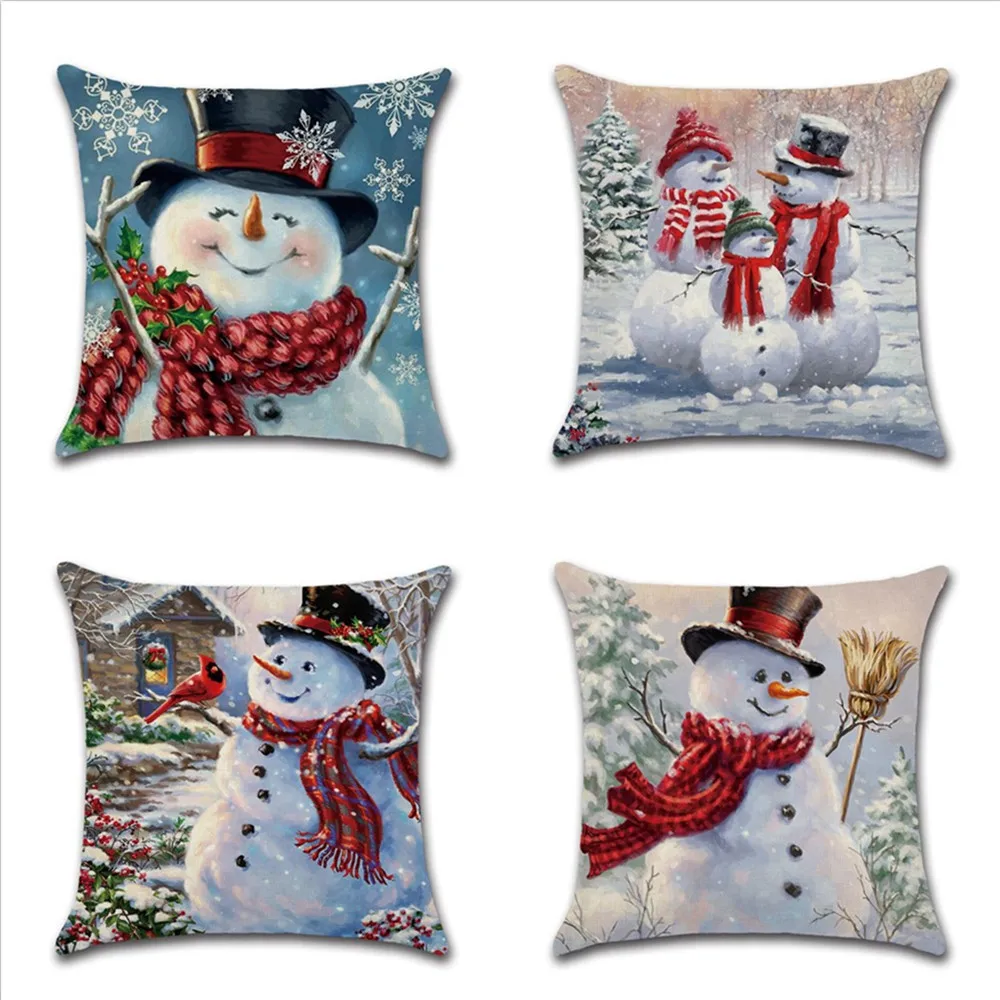 

XIAOKENAI Cotton Linen Cushion Cover Cartoon Snowman Series Cute Pillow Case For Car Home Decoration 45x45cm Winter Snow Covers