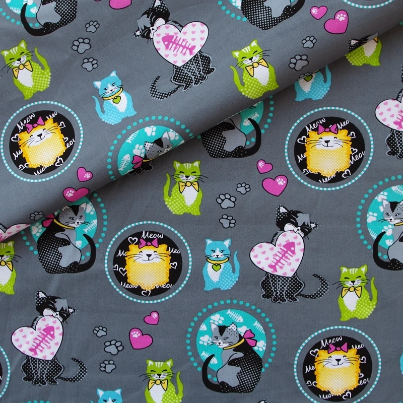 

Cotton Woven Fabric - cat and heart on deep grey