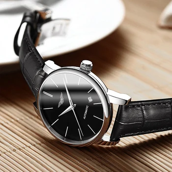 

Business Men Automatic Self Wind Mechanical Silver Black Leather Strap Casual Sports Switzerland Watch Sapphire Crystal NEW 2019