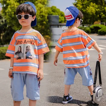 

1set Boys Short sleeved Suit Summer 2019 boy kids Korean Children's Short-sleeved Short jeans Fashion thin Suit child clothes