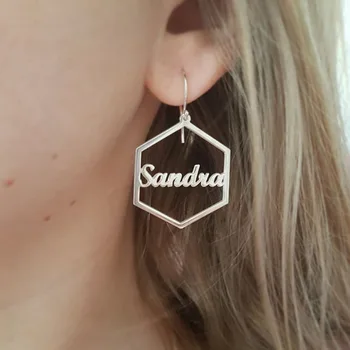

Custom Name Earrings For Women Custom hexagon shaped Name stud Earrings Gold stainless steel Jewelry Punk Style Bijoux Femme