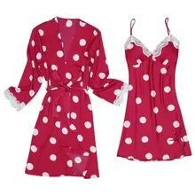 Женский сексуальный атласный модный пижамный комплект в горошек, пижама на бретельках, комплект с длинными рукавами, пикантное летнее шифоновое платье 40mi03