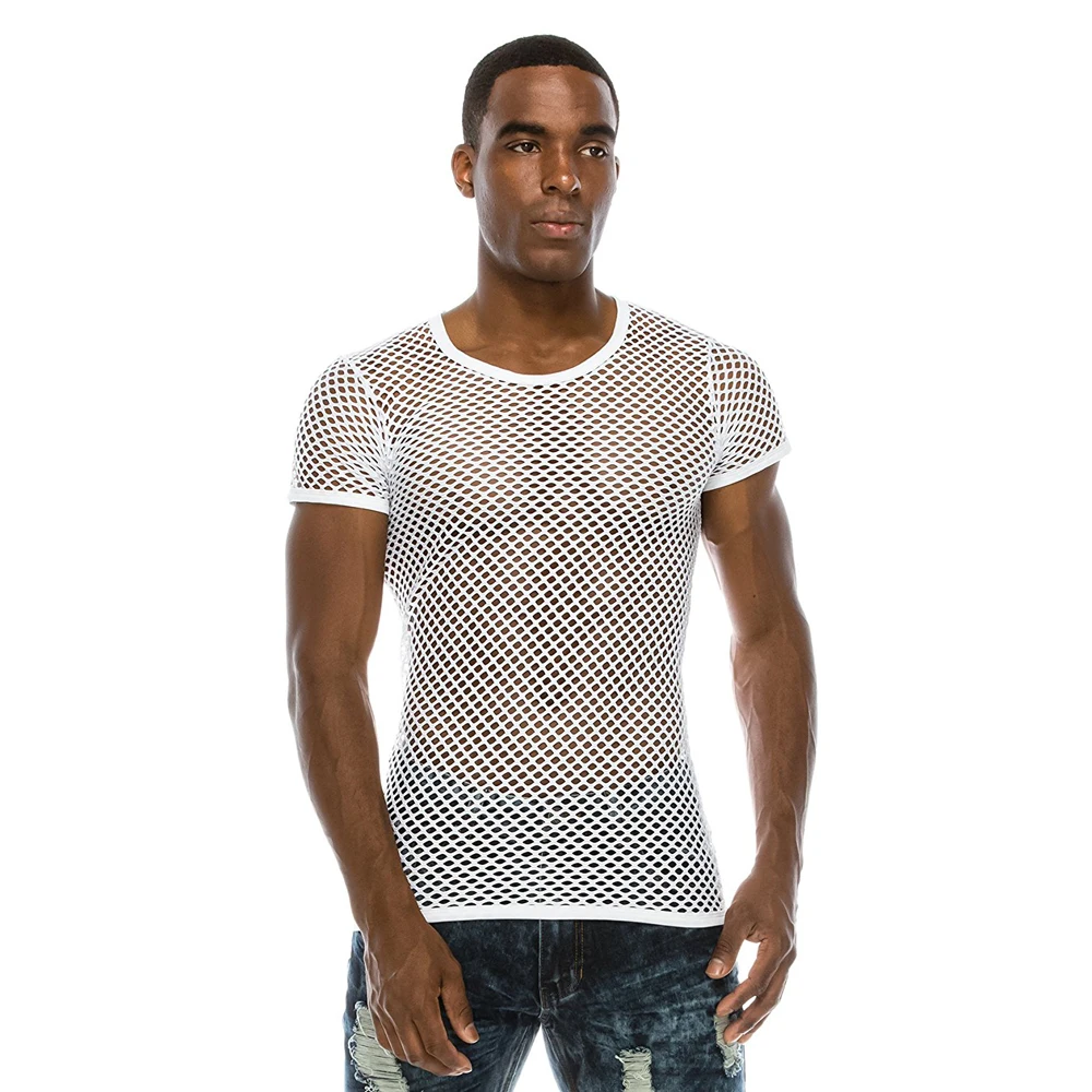 Men's Mesh See-through Fishnet T Shirt 2023 Fashion Sexy Short Sleeve Undershirt Nightclub Wear T-shirt Perform Streetwear Tops 3
