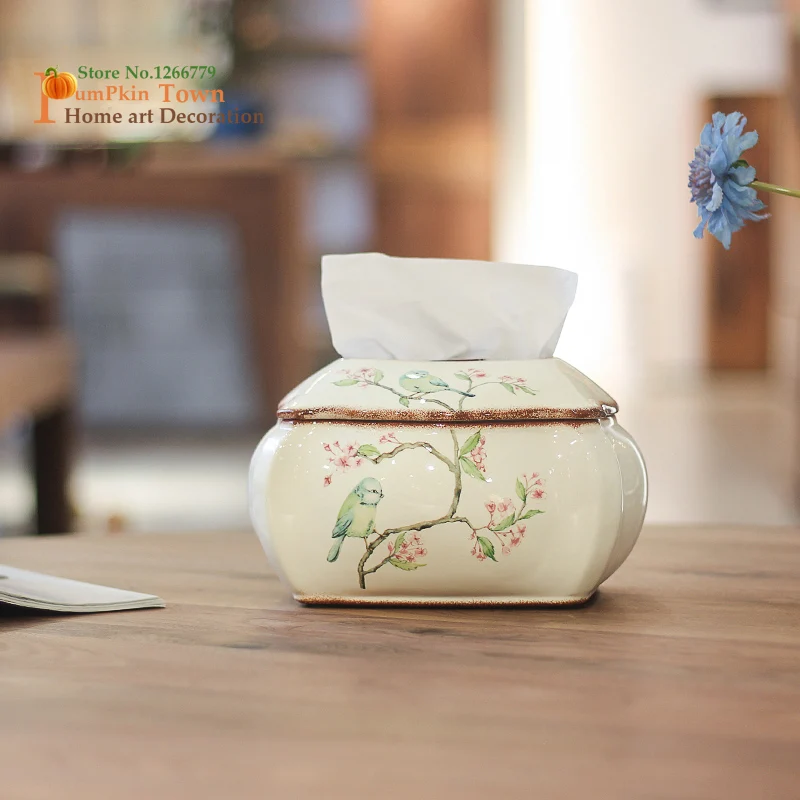 2019 NEW Classic ancient flowers and birds featured table tissue box creative simple ceramic crafts ornaments |