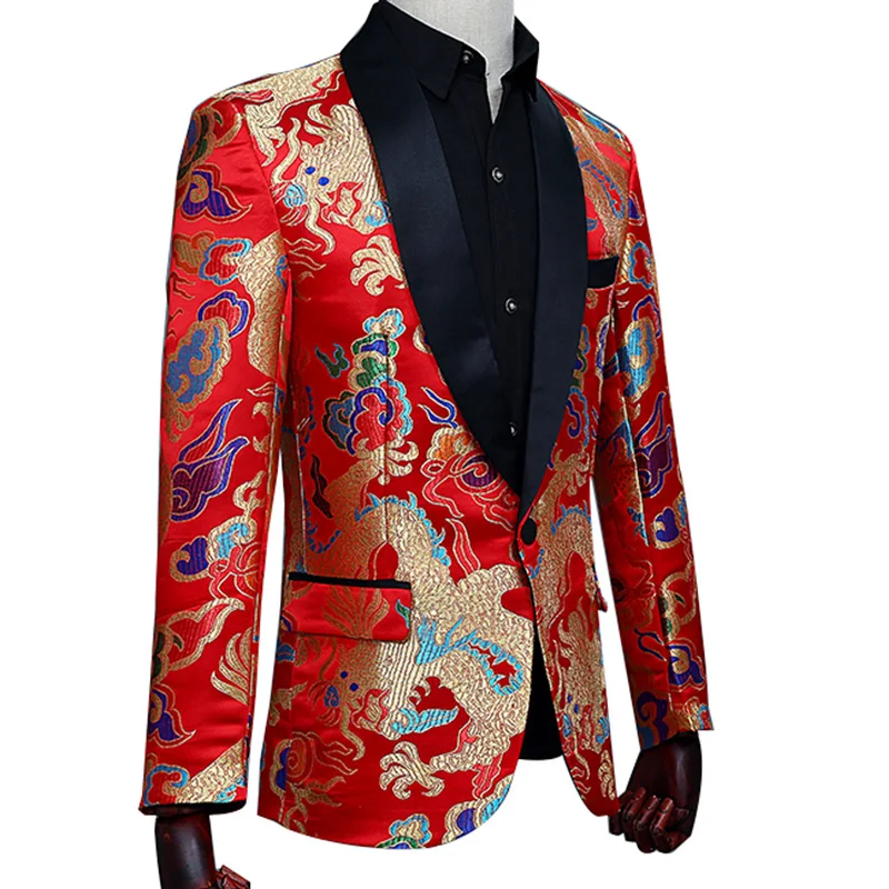 Традиционный китайский стиль мужской свадебный костюм шаль воротник красочный Дракон Печать одной кнопки красный костюм куртки