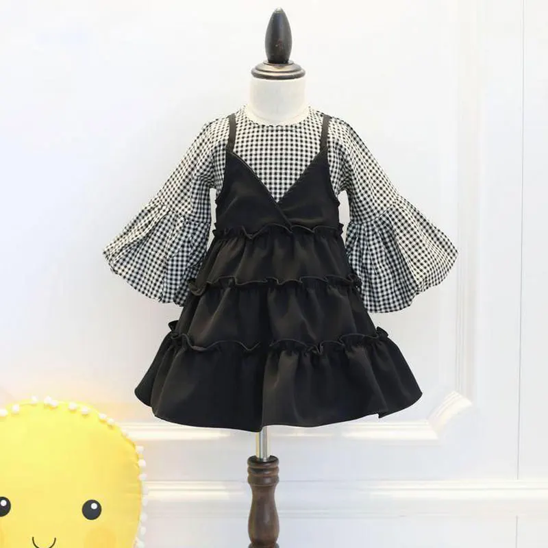 

2017 Summer New Girl Plaid Dress Sling Fake 2 Pieces Strap Dress Square Fashion Stitching Dress Casual Horn Sleeve 3-7 Years