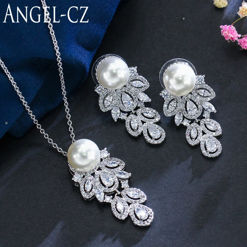 

ANGELCZ Fashion Pure Silver 925 Jewelry Water Drop Cubic Zirconia Crystal Elegant Pearl Necklace And Earring Set For Women AJ098