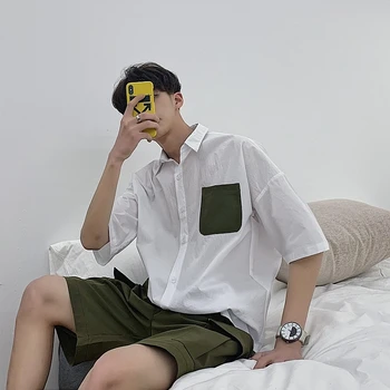 

2019 Summer Men's Solid Color Lapel Collar Pocket Decoration Male Shirt Leisure Short Sleeves Loose Fashion Blue/white Shirt