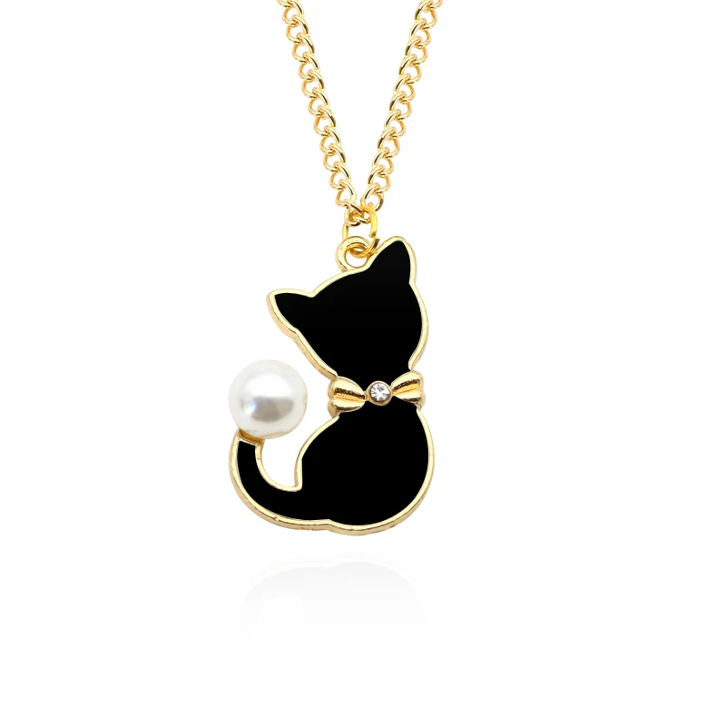 Fashion Enamel Cat Pearl Tail Choker Necklace For Women Gifts Cute Animal Necklaces Pendants