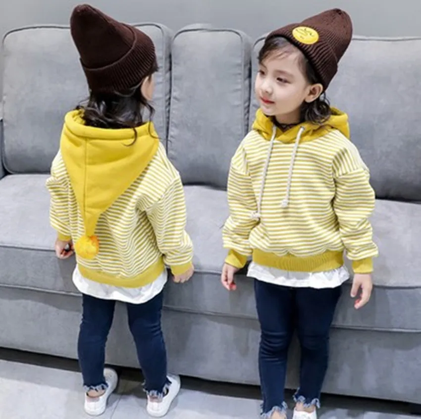 Girl s clothes striped hooded jacket 2017 winter new children double layer plus velvet thickening girl
