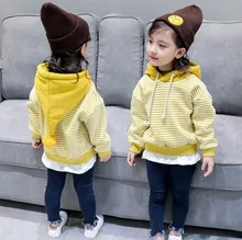 Girl s clothes striped hooded jacket 2017 winter new children double layer plus velvet thickening girl