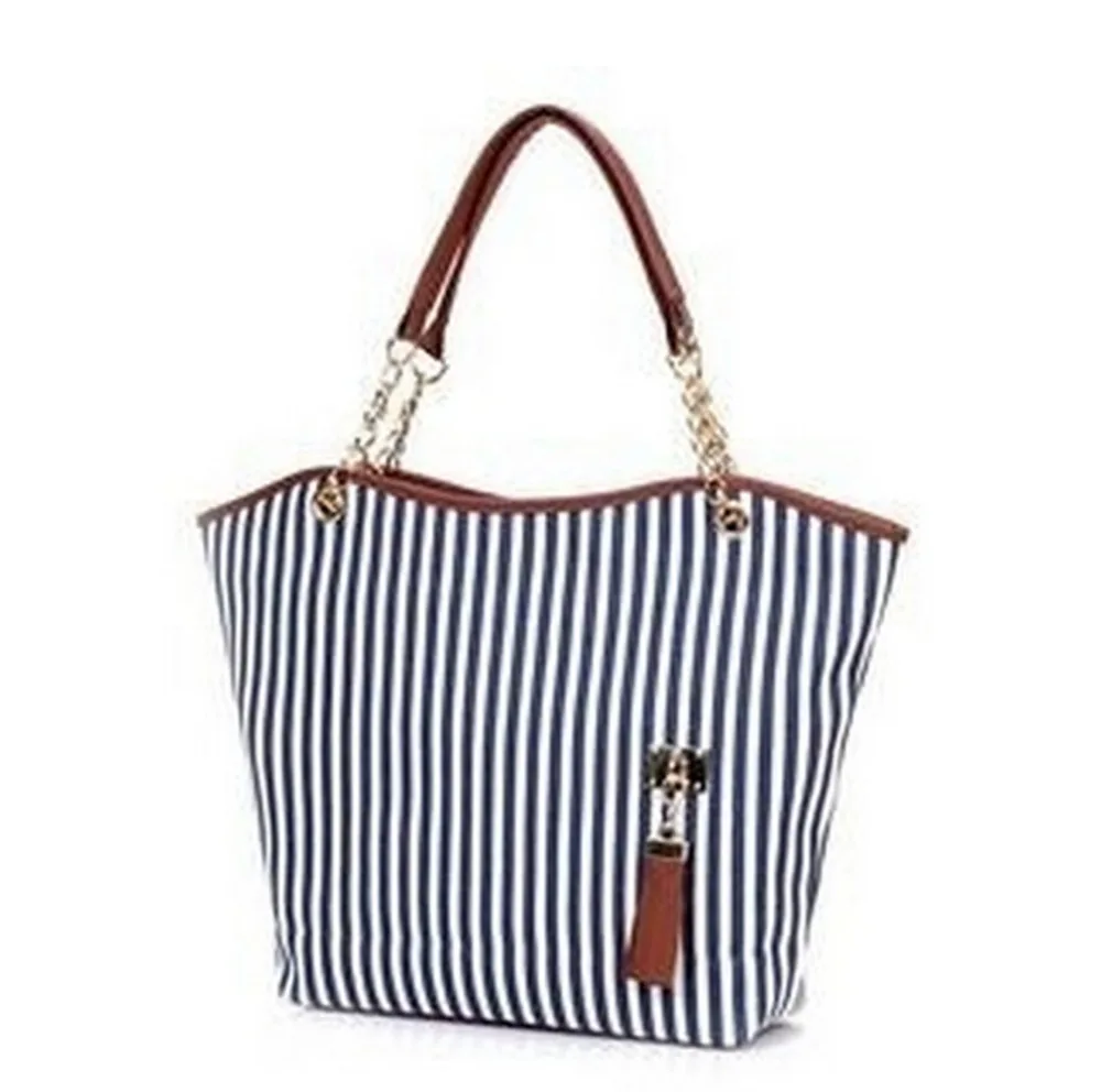 Women Striped Casual Tote Leisure Canvas Shopper Bag Casual Single Shoulder Beach Zipper Large ...