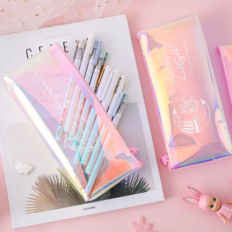

Laser pencil case simple transparent pencil bag water color transparent PVC zipper pencil bag large capacity large pencil pouch