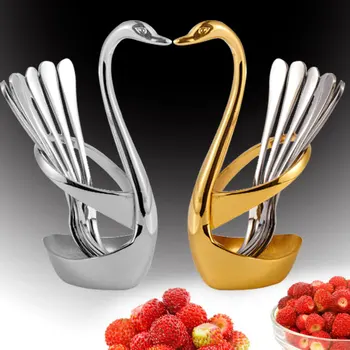 

5pcs Fruit Fork +1pcs Tableware Rack Two Color Optional Advanced Stainless Steel Material Two Teeth Fruit Cake Fork Set