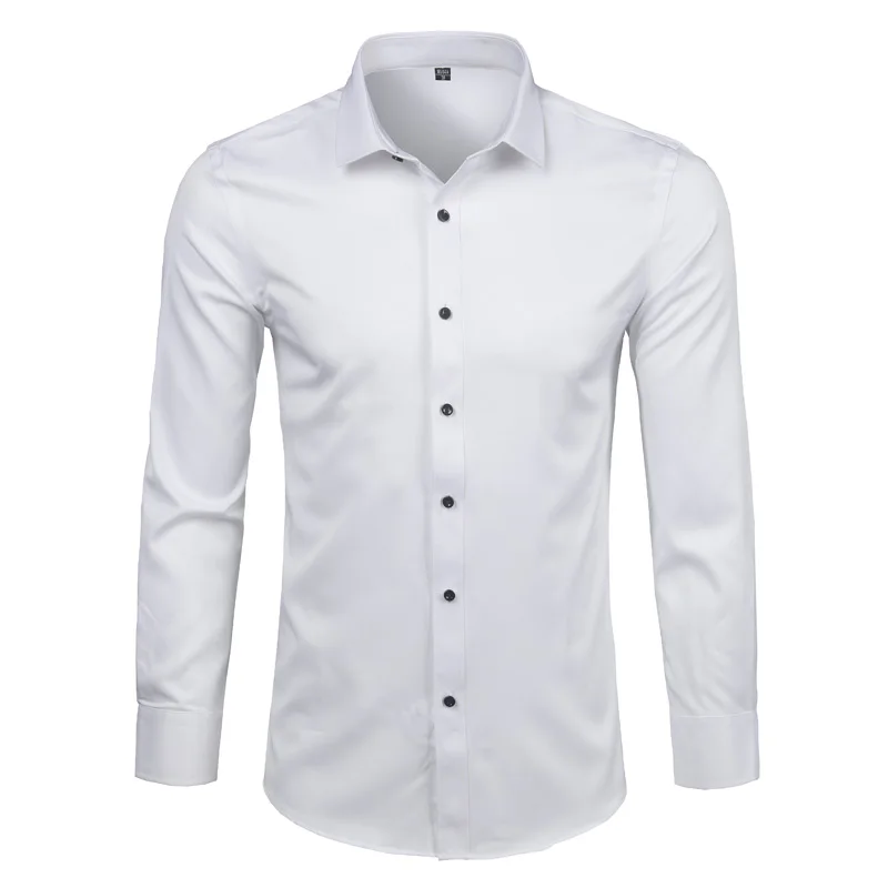 Мужская приталенная рубашка с длинным рукавом из эластичного бамбукового волокна, новинка весны, Повседневная рубашка на пуговицах, мужская рубашка - Цвет: White