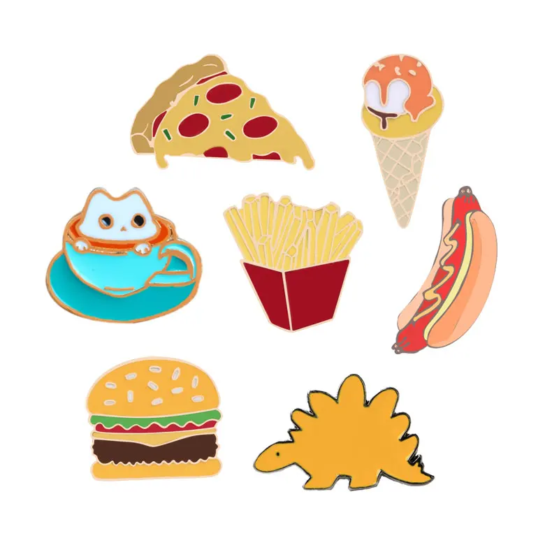 

Fast Food Brooches Collection Kid Dinosaur badge Pins Cat Cup Coffee Hambur French Fries Hot Dog Icecream Icon Pizza Accessories